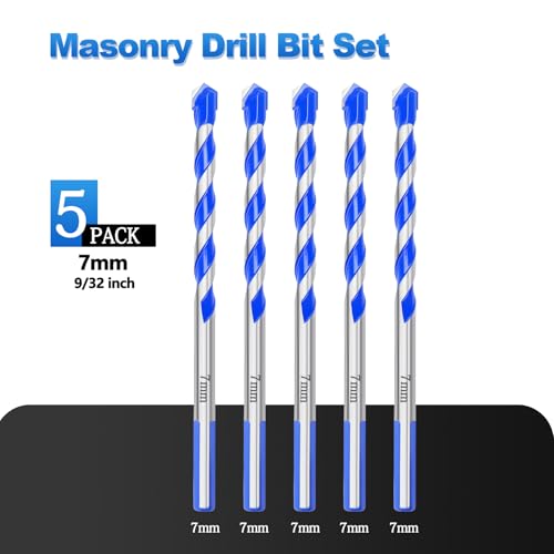 5 Pack 9/32" (7mm) Masonry Drill Bit Set, 3 Flat Shank,4" Length - size: 9/32 inch（ 5 Pack ）, style: 3 Flat Shank