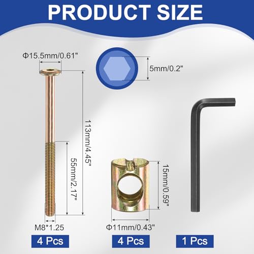 PATIKIL 4 Set Bunk Bed Bolts and Nuts Kit, M8x110mm Furniture Bolts Hex Drive Socket Cap Hardware Replacement for Beds Headboards Chairs - size: M8x110mm