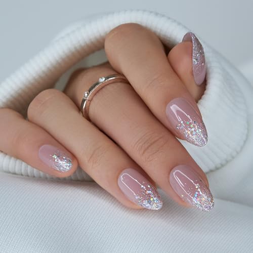 Curvlife Press On Nails Medium Almond Apricot - 30pcs Handmade Glitter Press on Nails with Glue, Glossy Nude Pink Apricot Full Cover Fake Nails Long Lasting False Nail Tips for Women - color: A1 - glitter nails