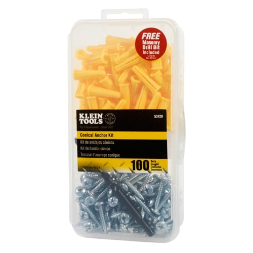 Klein Tools 53729 Conical Anchor Kit, 100 Anchors, 100 #2 Phillips, 1/4 Inch Masonry Drill Bit, Drywall and Masonry - size: 100 Count (Pack of 1)