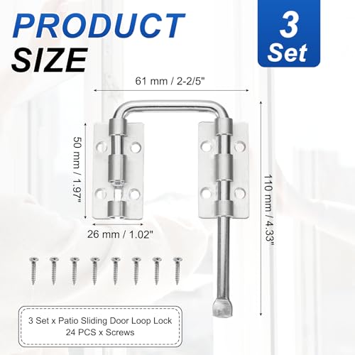 PATIKIL Patio Sliding Door Loop Lock 2-2/5" Silver 3 Set for Window/Screen - color: Silver
