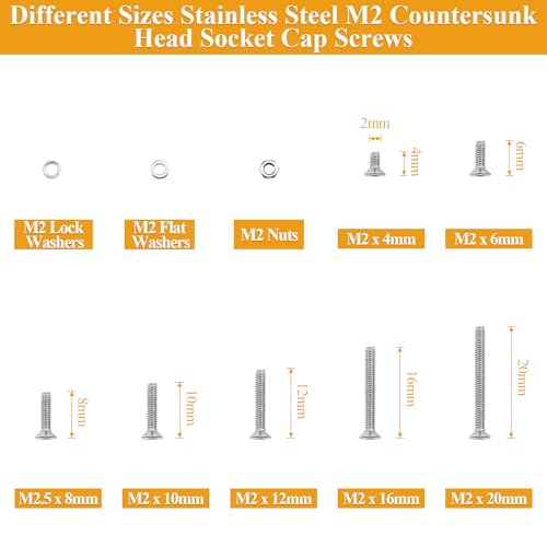 565 Pieces M2 Screws Nuts Washers Set, Sutemribor M2 x 4/6/8/10/12/16/20mm Countersunk Head Socket Cap Screws Nuts Washers Assortment Kit, 304 Stainless Steel, Fully Threaded - size: M2, style: Countersunk Head Socket Cap