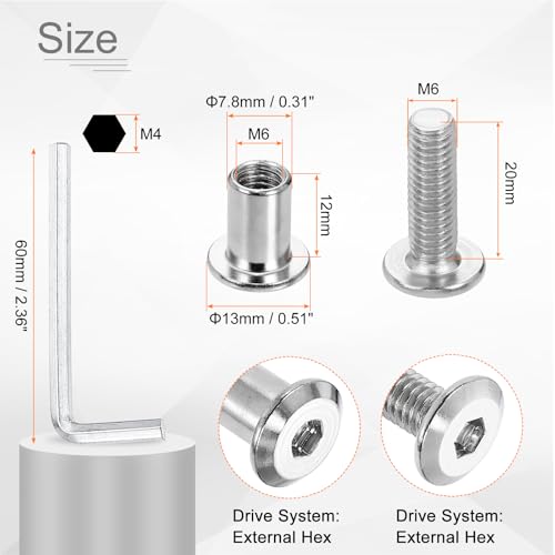 HARFINGTON 20 Set M6x20mm Hex Drive Socket Cap Bolt and M6x12mm Nuts with M4 Hex Wrench, Furniture Connector Bolts and Screws for Furniture Countersunk Belt, Silver - size: M6x20mm, M6x12mm
