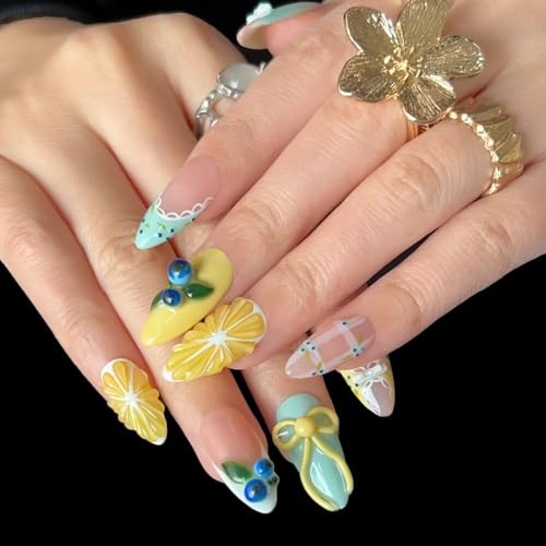 MAGLFELL Press On Nails, 10 Pcs Handmade French Almond Fake Nails, Reusable Artificial Cute Fruit Pattern False Nails for Women 3D Acrylic Nails Kit (Size S) - color: Blueberry, size: S
