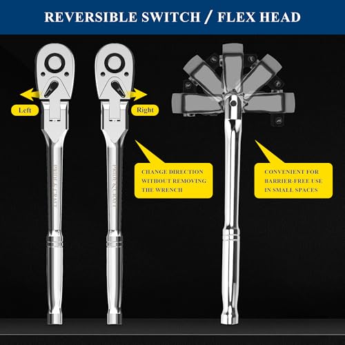 PRIDE&CRAFT 6-Piece Flex Head Ratchet Set, 1/4", 3/8", 1/2" Drive 72-Tooth Swivel Head Ratchet Wrench with Extension Bars, Quick Release Reversible Socket Wrench, EVA Organizer - style: 6pc Flex Head