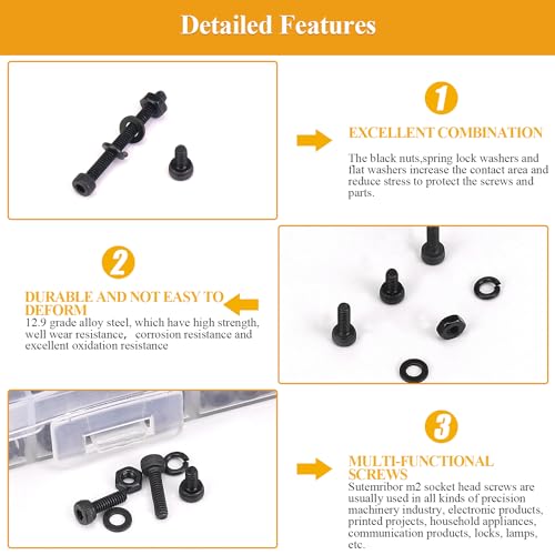 705 Pieces M2 Screws Nuts Washers Set Black, Sutemribor M2 x 4/6/8/10/12/16/20mm Hex Socket Head Cap Screws Nuts Washers Assortment Kit, 12.9 Grade Alloy Steel, Fully Threaded - size: M2 x 4/6/8/10/12/16/20mm Kit, style: Socket Head