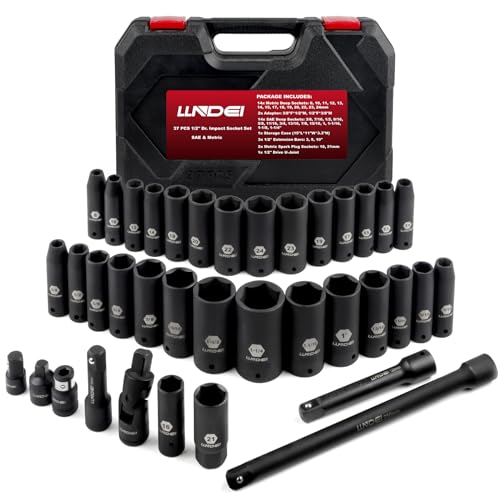 LLNDEI 1/2" Drive Deep Impact Socket Set 37Pcs SAE/Metric CR-MO - size: 37-Piece 1/2" Drive Socket Set SAE & Metric