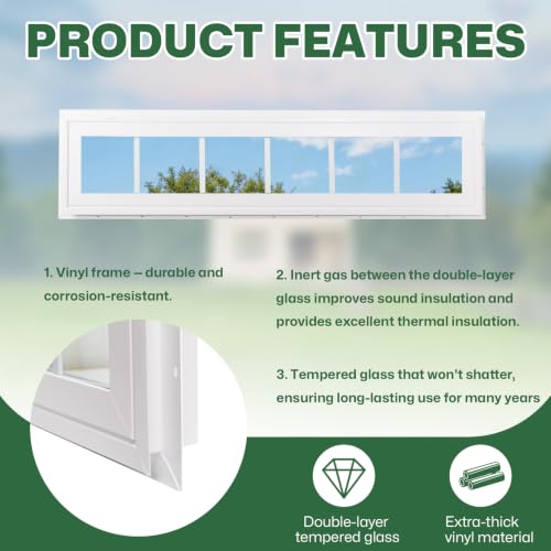 NeatiEase Vinyl Transom Window, 12" x 36" Fixed Glass Household Windows with Grids and Dual-pane Tempered Glass for House, Shed, Doors, Garage, Chicken Coop, Basement (White) - size: 12"x36"