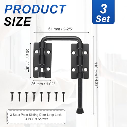 PATIKIL Patio Sliding Door Loop Lock 2-2/5" Black 3 Set for Window/Screen - color: Black