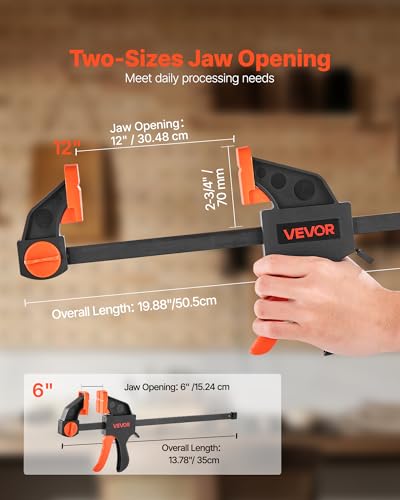 VEVOR Bar Clamps for Woodworking, 2-Pack 12 inch and 2-Pack 6 inch, One-Handed Clamp/Spreader, Quick-Grip F-Clamp with 154 lbs Load Limit, Premium Plastic and Steel, for Woodworking Metal working - size: 12"(4 Pack), style: Quick Grip