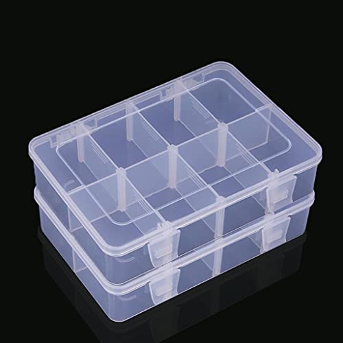 2 Pcs 8 Grids Clear Organizer Box Plastic Storage Container with Adjustable Dividers for Electronics Jewelry Beads Art DIY Crafts Fishing Small Parts - color: 2 Pcs 8 Grids