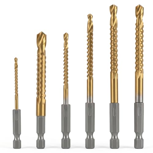 6 Pack Titanium Coated HSS Twist Drill Bit 3-8mm Serrated Side Cutting Drill Bit Hex Shank Serrated Cutting Bits Woodworking Tools for Wood Metal Plastic Hole