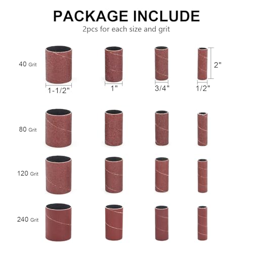 32 Pack Spindle Sander Sleeves, 2”Length, 1/2”,3/4”,1”,1-1/2” Diameter Sanding Sleeves Set for Drill,40 80 120 240 Grit - size: Length: 2''(sanding sleeves)