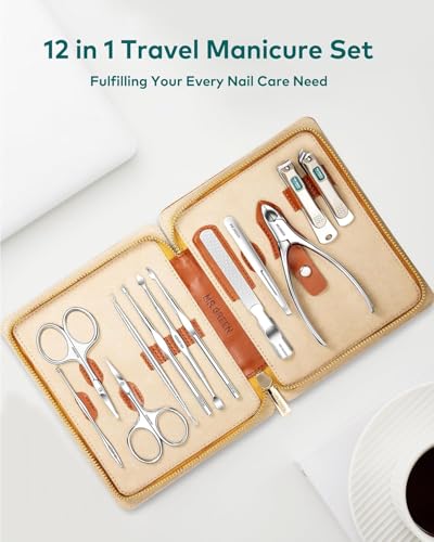 MR.GREEN 12-in-1 Manicure & Pedicure Set – Professional German Stainless Steel Nail Clippers,Cuticle Tools & Nail Care Kit, Travel Grooming Kit for Men & Women with Leather Case (Caramel Brown) - color: Orange