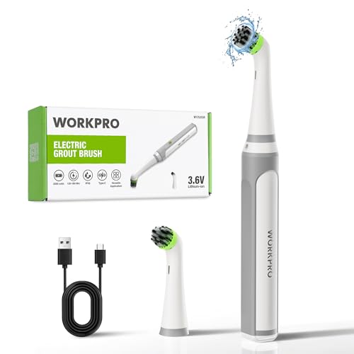 WORKPRO Cordless Grout Brush Set, 5500RPM Power Scrubber, IPX6 Waterproof Electric Scrubber with Type-C Charging Cable and Replaceable Brush Heads for Cleaning Grout, Tiles, Grime, and Crevices