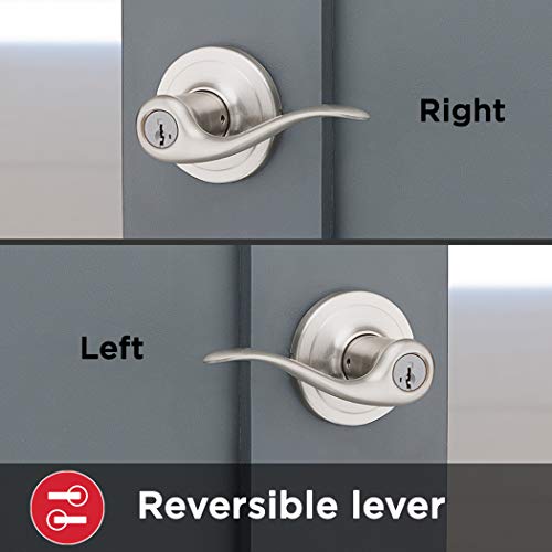 Kwikset Tustin Entry Door Handle with Lock and Key, Secure Keyed Reversible Lever Exterior, For Front Entrance and Bedrooms, Satin Nickel, Pick Resistant Smartkey Rekey Security and Microban
