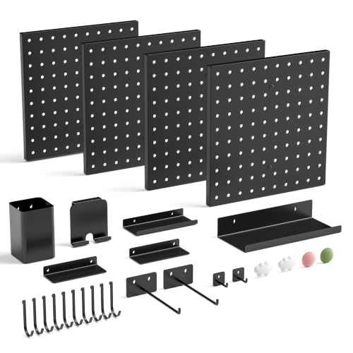 Magnetic Metal Pegboard Wall Organizer Kit, 4 Pack 10 x 10 in Panels Black - color: Black, size: 10"×10" - 4 Pcs