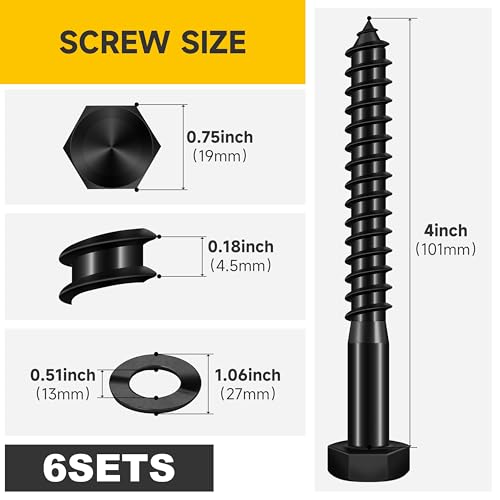 (6Sets) 1/2" x 4" Hex Head Lag Bolts, Heavy Duty Lag Screws with Washers, 304 Stainless Steel Bolts 18-8, Lag Screws Wood Screws, Fully Thread Black Oxide, 1/2 Bolt by Mywish - size: 1/2 x 4" (6 set)
