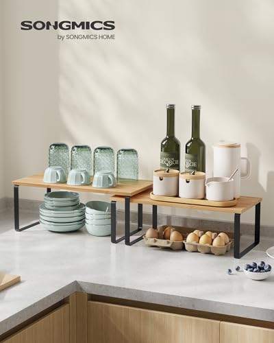 SONGMICS Cabinet Organizer Shelf, Set of 2 Spice Rack, Kitchen Storage - color: Ink Black + Natural Beige, size: 15.6"w