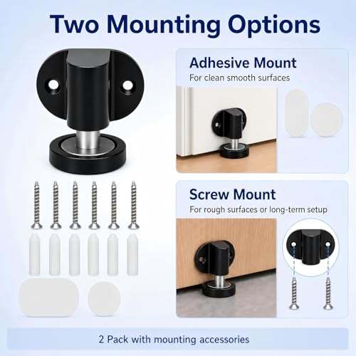 Magnetic Door Stopper 2 Pack Zinc Alloy Adhesive Screw Mount Black