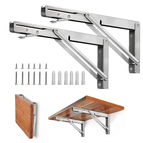 Storystore Folding Shelf Brackets - 8 Inch Heavy Duty Stainless Steel Collapsible Shelf Bracket for Bench Table, Space Saving DIY Bracket, Max Load: 550lb - size: 8 Inch