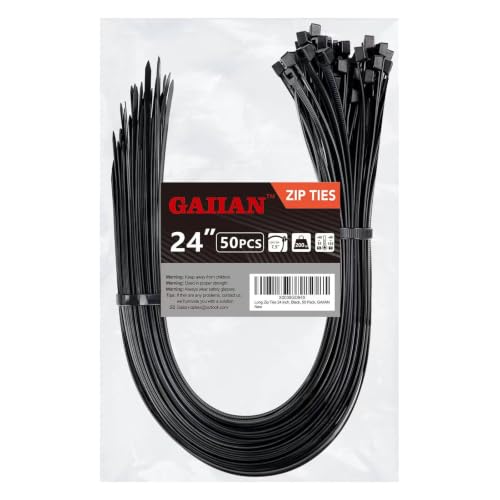 Long Zip Ties Heavy Duty 24 inch, Large Zip Ties with 200 lbs Tensile Strength, Big Cable Ties, Black, 50 Pack, by GAIIAN - size: 24" 200 lb (50 Pack)
