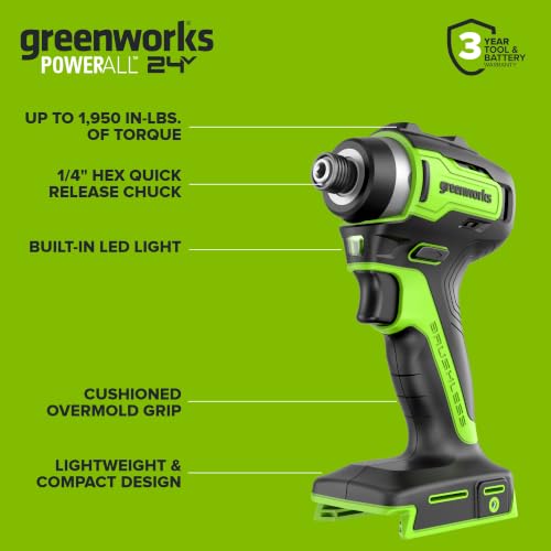 Greenworks 24V Brushless Cordless Impact Driver (1950 in-lbs.), 1/4" Hex Collet, 2.0Ah USB-C Battery, 30W USB-C Charger & 3.3FT Braided Cable, Compatible with iPhone/iPad/Samsung & More - size: 1950 in-lbs Impact Driver
