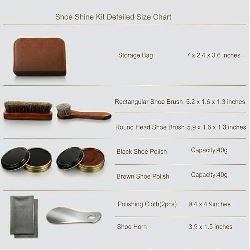 shoe care kit horsehair brush,long-handled round brush,white & black polish,polishing cloth,shoe horn,storage box. - color: Browm+black