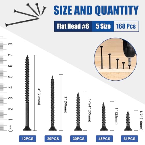 Wood Screws Assortment, 168 PCS #6 Black Flat Head - color: Black 168 pcs