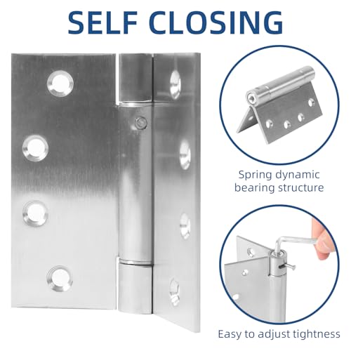 3 Pack Self Closing Door Hinges, 4 Inch Spring Loaded Hinges Adjustable Tension Spring Hinges with Square Corners, Heavy-Duty Door Hardware for Commercial and Residential Doors, Brushed Nickel