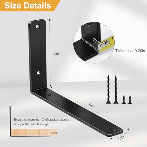 4 Pack - L 9" x H 6" x W1.5, 5mm Thick Black L Shelf Bracket, Iron Shelf Brackets, Metal Shelf Brackets, Floating Shelf, Shelf Supports with Screws - size: 9''x6'', style: Black 4 Pack