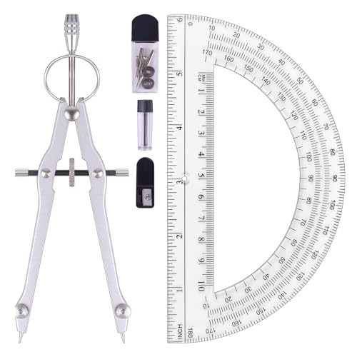 Unjoo Compass and Protractor Set, Math Compass for Geometry (Silver) - color: Silver