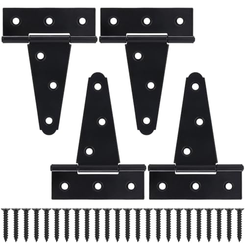 4 Inch T-Strap Gate Hinges, Shed Barn Door Hinges Heavy Duty, Black Tee Hinges for Wooden Fences, Yard Gate, Wrought Hardware Iron Rustproof (4 Pack/Set) - size: 4 Inch