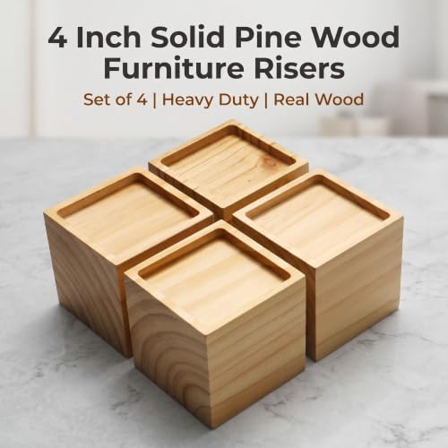 Lufia 4 Inch Solid Pine Wood Furniture Risers Set of 4, 2000 LBS Heavy Duty Silicone Non Slip Lift Blocks for Bed Sofa Desk Cabinet - color: Natural Wood - 4-pack, size: 4 Inch