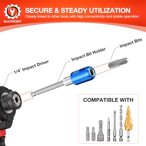 BLACKROBOT 2-Piece Magnetic Quick Change Impact Bit Holder, 4-Inch Long Drill Bit Extension for 1/4" Hex Drives, Ideal for Screwdriver Bits, Nuts, Drills and Socket Driver Adapters - size: 4 inch