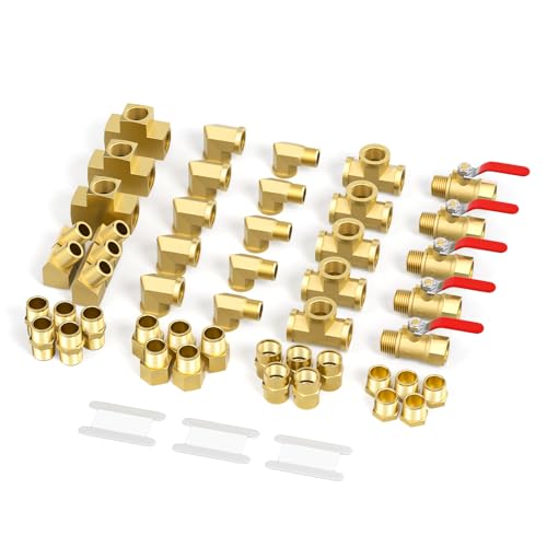 GASHER 48PCS 1/4"NPT Brass Pipe Fittings Kit，Coupling，90 Degree Elbow，45 Degree Elbow，Nipple，Ball Valve，Plug，Tee，4 Way，Reducer Adapter - style: Brass Pipe Fittings Kit（48Pcs）