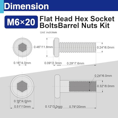 30 Sets M6 x 20mm Barrel Nuts and Bolts, Hex Socket Binding Screws - size: 30 Sets M6 x 20 mm