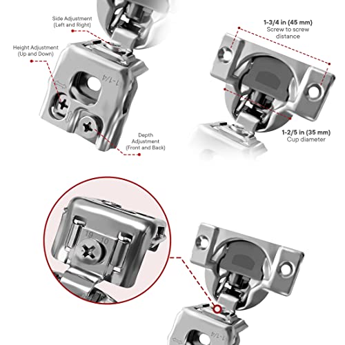 Berta (10 pcs) 1 1/4" Overlay Cabinet Door Hinges, 90 Degree Restricted Opening Angle Soft Closing Face Frame Hinges, 6-Ways 3-Cam Adjustment, Concealed Kitchen Cabinet Door Hinges with Screws - size: 1 1/4" Overlay