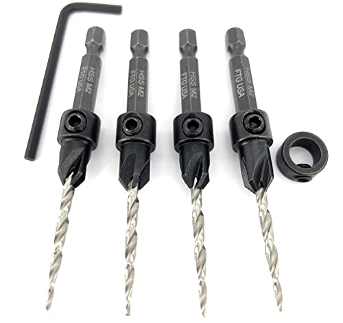 FTG USA #6 (9/64") Wood Countersink Drill Bit 4-Pc Set with 3/8" Depth Stop - size: #6, style: 4 Pc with Depth Stop