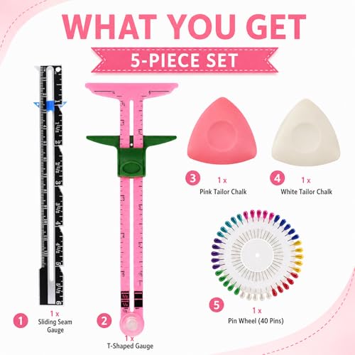 Sewing Gauge Measuring Tool Set, 5-in-1 Sliding Marker & Seam Gauge Ruler | Acrylic T-Shaped Quilting Ruler Set, Essential Sewing & Quilting Tools for Hemming, Buttonhole Marking & Crafting 5Pcs Pink - color: Pink