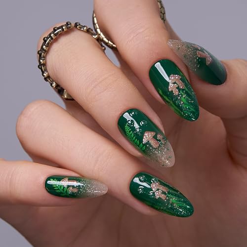 CurvLife Long Almond Press On Nails, Green Forest, Soft Gel - color: Green forest