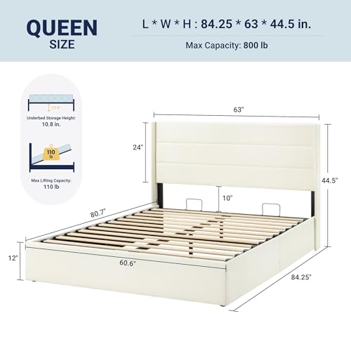Allewie Queen Size Chenille Lift Up Hydraulic Storage Bed Frame Cream White - color: Cream White, size: Queen, style: Modern