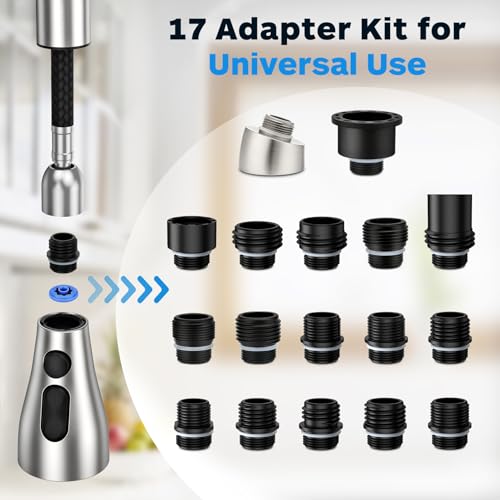 Kitchen Faucet Head Replacement 3 Modes with 17 Adapters, Pull Down Spray Head for Kitchen Faucet, Kitchen Sink Faucet Head G 1/2, Sprayer Head Replacement, Compatible with Moen，Delta, Kohler Faucets - color: Brushed Nickel with 17 Adapters