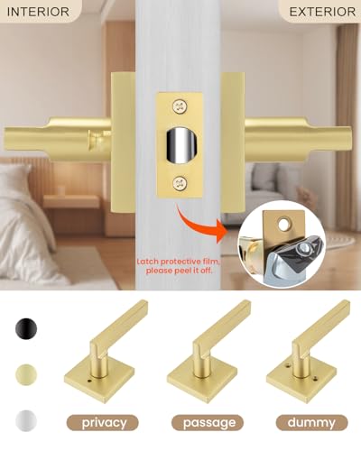 Haidms Gold Door Handles Interior, Brushed Gold Privacy Door Handle, Zinc Alloy Brushed Brass Door Handles for Bedroom, Bathroom, Heavy Duty Modern Square Interior Door Handles (6 Pack)