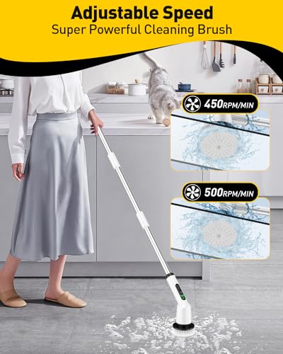 Electric Spin Scrubber for Bathroom, Shower Scrubber with Long Handle - color: White, size: 8 Brush Heads