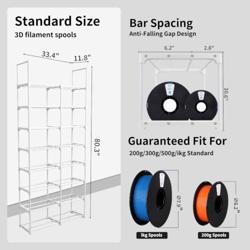 8-Tier 2-Column Modular 3D Printer Filament Storage Rack, Metal Filament Spool Holder & Organizer, Holds 96 Spools(1kg), Filament Storage Shelf for Home Office Workshop, Tool-Free Assembly(White)
