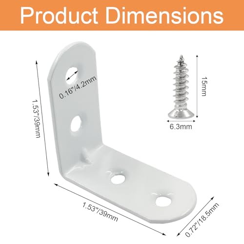 White Corner Brace L Bracket, 20 Pcs, 1.5" x 1.5" x 0.73" | 40 x 40 x 1.5mm, Iron Right Angle Brackets, Metal Joint, For Tables, Furniture, Shelves, With Screws - style: 1.5" - 40mm