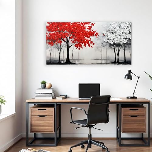 AUUZAIUA Large Canvas Wall Art Red and White Misty Forest Painting 20"x40" - size: 20"L x 40"W