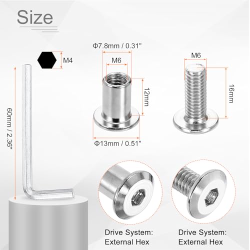 HARFINGTON 20 Set M6x16mm Hex Drive Socket Cap Bolt and M6x12mm Nuts with M4 Hex Wrench, Furniture Connector Bolts and Screws for Furniture Countersunk Belt, Silver - size: M6x16mm, M6x12mm