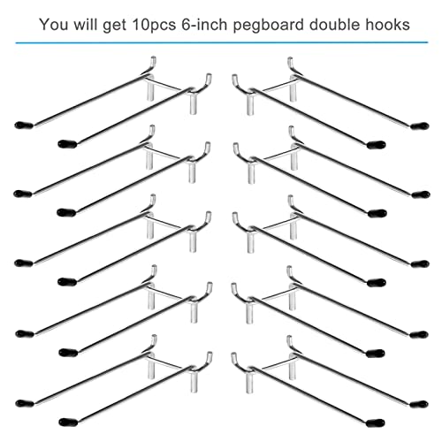 10 Pcs Pegboard Hooks, 6 Inch Peg Board Hooks, Pegboard Pegs Accessories with Rubber Tipped, Double Peg Hook Fit 1/4” Hole, Heavy Duty Tool Utility Hook for Hanging Tools, Bags and More